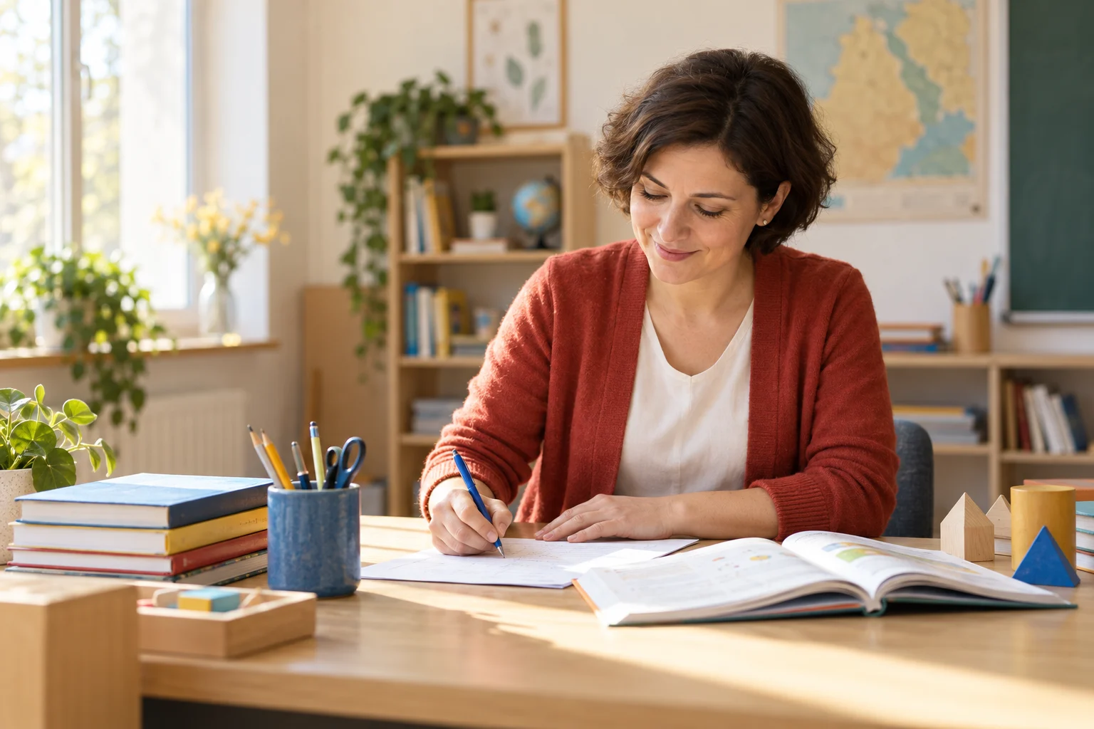 Profesor pregătind o lecție la birou, într-o sală de clasă luminoasă